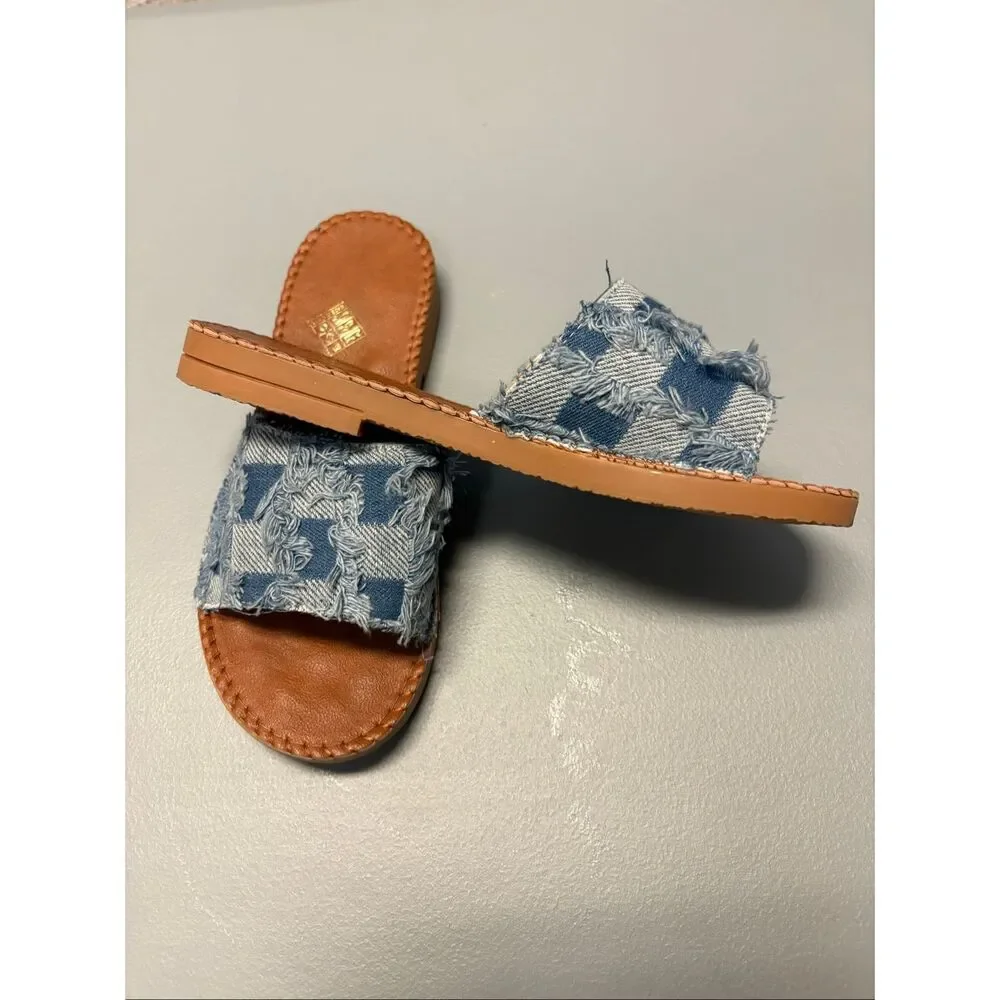 Denim and faux leather flat sandals size 7.5 - Picture 4 of 8